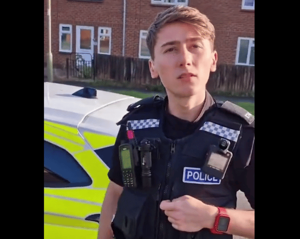 The young police officer at the centre of what has become known as the 'breadgate' incident. The unidentified officer threw his bread crusts on the floor in an Oxfordshire town but was confronted by angry resident Jamie Cossey, who filmed the interaction he had with him. Photo by Twitter.