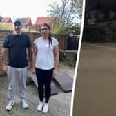 Neil and Sarah Cranston say water came crashing into their property due to drainage issues at St James' Park in Bishop's Stortford, Herts (SWNS)