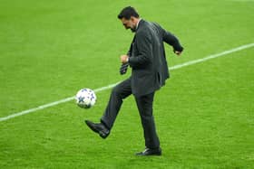 Newcastle chairman Yasir Al-Rumayyan in action on the pitch after  the UEFA Champions League match between Newcastle United FC and Paris Saint-Germain at St. James Park on October 04, 2023 in Newcastle upon Tyne, England. (Photo by Stu Forster/Getty Images)