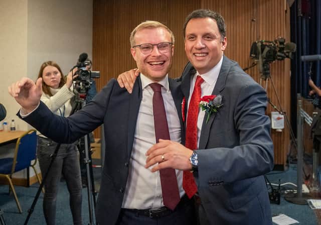 Scottish Labour leader Anas Sarwar celebrated with Michael Shanks at the vote count in Hamilton, where he was announced as the new MP for the  constituency. (Credit: Jane Barlow/PA Wire)