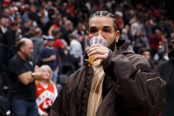 Drake pictured at Game Six of the Eastern Conference First Round between the Toronto Raptors and the Philadelphia 76ers at Scotiabank Arena on April 28, 2022 in Toronto, Canada. (Cole Burston/Getty Images)