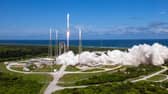 A United Launch Alliance Atlas V rocket launches the first two internet satellites for Amazon's Project Kuiper constellation on Oct. 6, 2023. (Image credit: ULA)