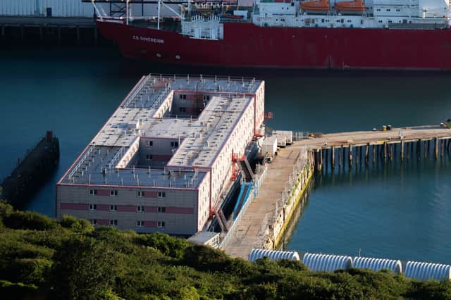 The Bibby Stockholm accommodation barge at Portland Port in Dorset. Credit: James Manning/PA Wire