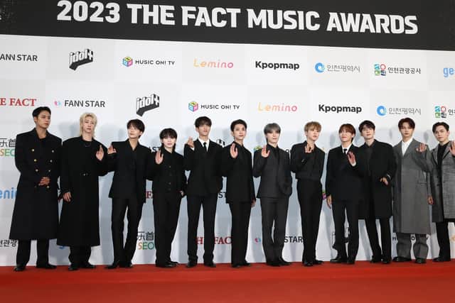 Jeonghan, Joshua, Jun, Hoshi, Wonwoo, Woozi, DK, Mingyu, The8, Seungkwan, Vernon and Dino of boy band Seventeen attend the 2023 The Fact Music Awards on October 10, 2023 in Incheon, South Korea. (Photo by Chung Sung-Jun/Getty Images)
