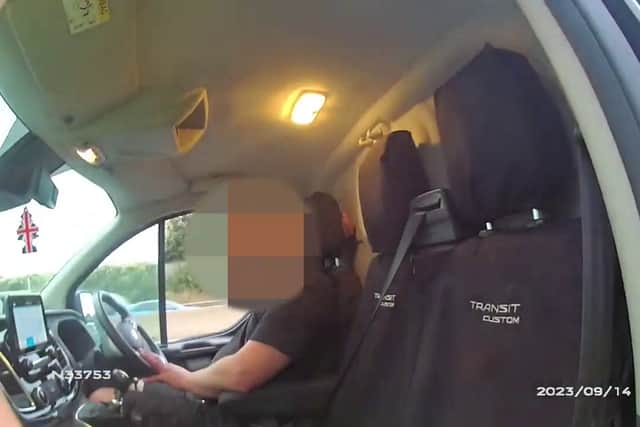 Drunk van driver Jamie Barrett was caught on camera crashing on M1 in Nottinghamshire. When police arrived he was asleep