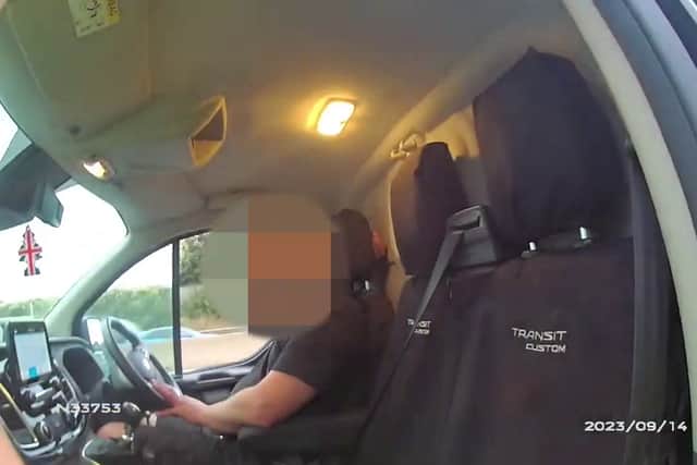 Drunk van driver Jamie Barrett was caught on camera crashing on M1 in Nottinghamshire. When police arrived he was asleep 