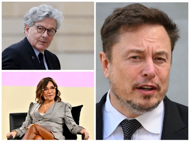 Linda Yaccarino, CEO of social media platform X (bottom left) has responded to a letter from European commissioner Thierry Breton (top left) to say that the platform, owned by Elon Musk (right), has taken down hundreds of Hamas-affiliated accounts. Photos by Getty Images.