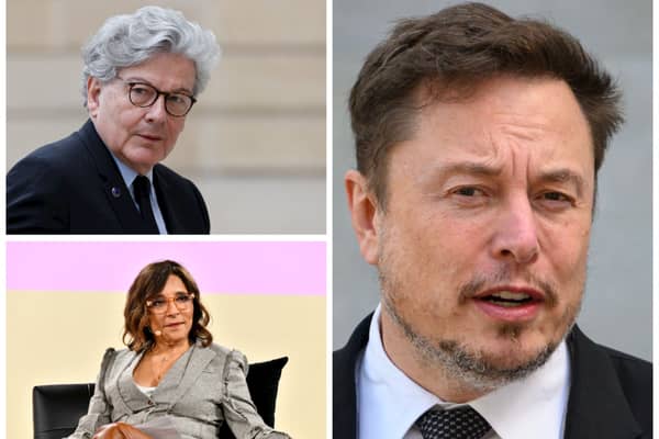 Linda Yaccarino, CEO of social media platform X (bottom left) has responded to a letter from European commissioner Thierry Breton (top left) to say that the platform, owned by Elon Musk (right), has taken down hundreds of Hamas-affiliated accounts. Photos by Getty Images.