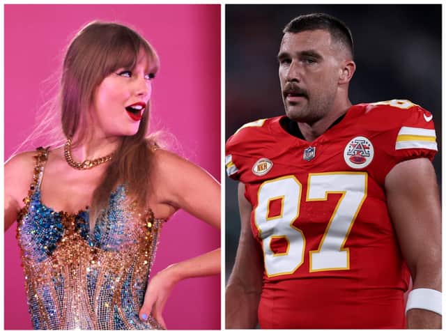 Taylor Swift (left) has made a surprise appearance on US sketch show Saturday Night Live - moments after rumoured beau NFL star Travis Kelce (right) made a cameo. Photos by Getty Images.