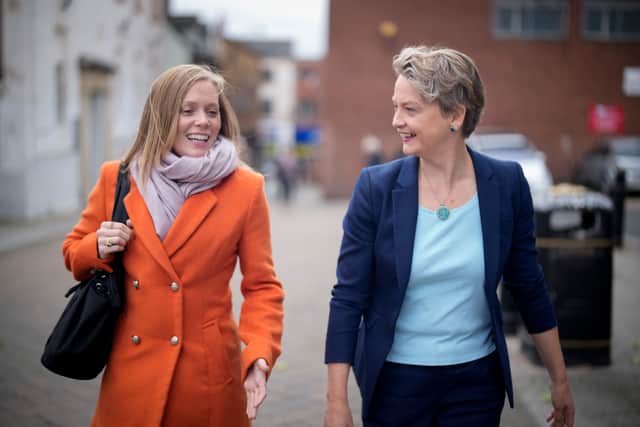 Shadow Home Secretary Yvette Cooper and Labour's candidate for the Tamworth by-election Sarah Edwards (left). (Photo: Getty Images) 