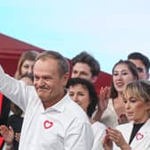 Donald Tusk celebrates the exit poll results during Poland's Parliamentary elections on 15 October 2023 in Warsaw (Photo: Omar Marques/Getty Images)