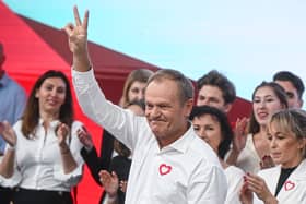 Donald Tusk celebrates the exit poll results during Poland's Parliamentary elections on 15 October 2023 in Warsaw (Photo: Omar Marques/Getty Images)