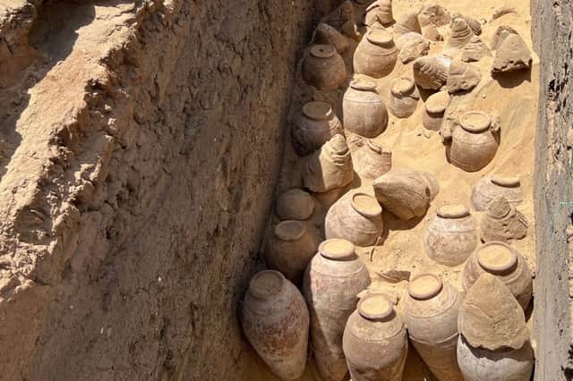 5000-year-old wine jars in the tomb of Queen Meret-Neith in Abydos, Egypt. during the excavation. The jars are in their original context and some of them are still sealed. (EC Köhler / SWNS)