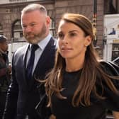LONDON, ENGLAND - MAY 12: Coleen Rooney arrives with husband Wayne Rooney at Royal Courts of Justice, Strand on May 12, 2022 in London, England. (Photo by Dan Kitwood/Getty Images)