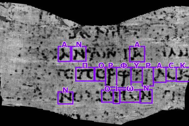 Computer engineers found an ancient Greek word in one of the scrolls: πορφύραc, meaning purple. (Image: University of Kentucky)
