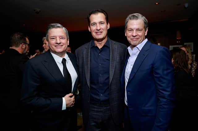 (L-R) Netflix Co-Ceo Ted Sarandos, Netflix Film Chairman Scott Stuber, and Netflix Co-Ceo Greg Peters attend the Netflix Oscar Nominee Celebration at Sunset Tower Hotel on March 11, 2023 in Los Angeles, California. (Photo by Emma McIntyre/Getty Images for Netflix)