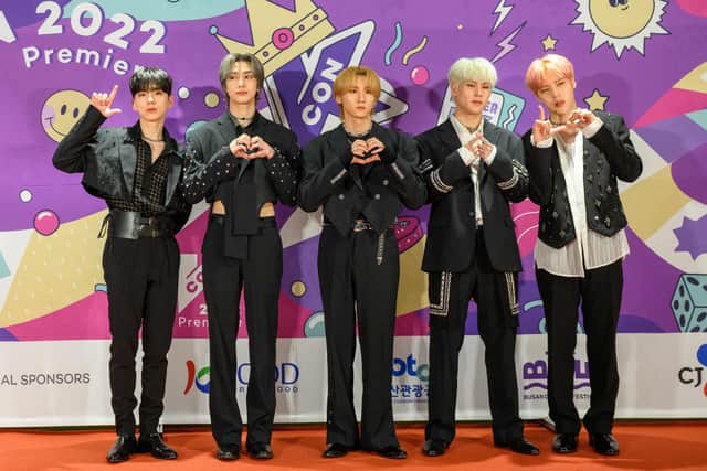 Members of South Korean K-Pop boy group Monsta X pose on the red carpet at KCON Seoul 2022 in Seoul on May 7, 2022. (Photo by ANTHONY WALLACE/AFP via Getty Images)