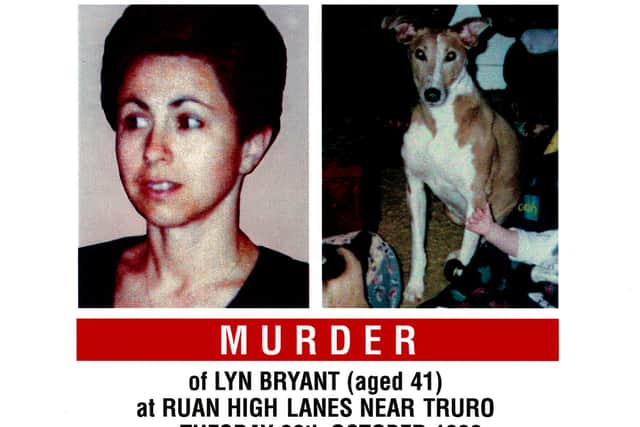 Linda Bryant, 40, known as Lyn, was stabbed in her back, neck and chest as she walked her dog in her home village of Ruan High Lanes, near Truro in Cornwall on October 20 1998.