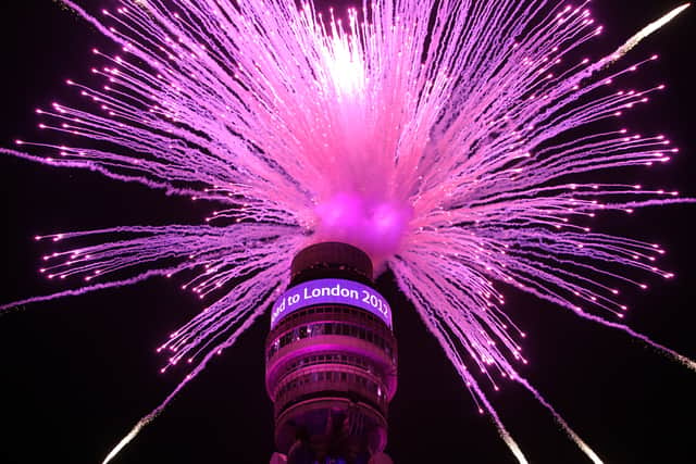 Fireworks go off from the BT Tower to mark 1000 days until the opening ceremony of the London 2012 Olympic Games on October 31, 2009 in London, England. (Photo by Oli Scarff/Getty Images)