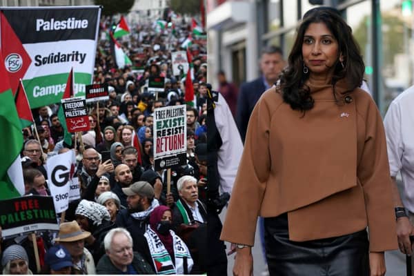 Suella Braverman has said she will challenge the Met Police over protesters chanting 'jihad' at pro-Palestine rally in London. Credit: Left - Getty Images, Right - PA
