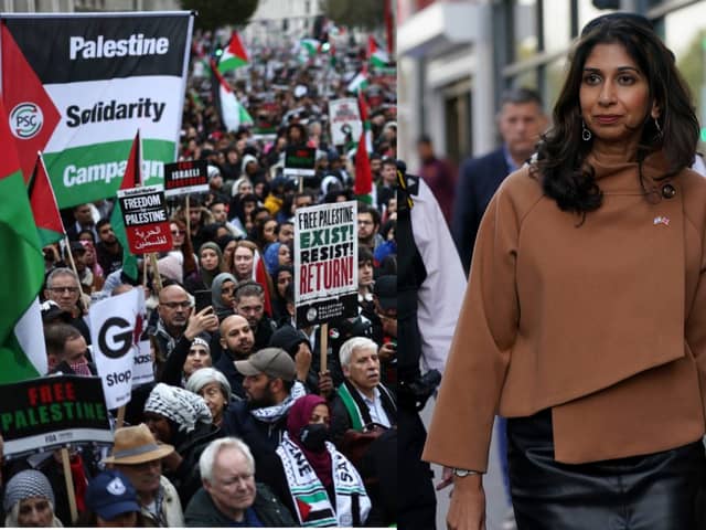 Suella Braverman has said she will challenge the Met Police over protesters chanting 'jihad' at pro-Palestine rally in London. Credit: Left - Getty Images, Right - PA