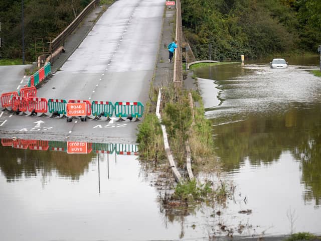 Flooded roads in the Pentagon area of Derby after the River Derwent burst its banks during storm Babet on October 21, 2023 in Derby, United Kingdom. Weather warnings are in place in Scotland and England as Storm Babet sweeps the country. (Photo by Christopher Furlong/Getty Images)