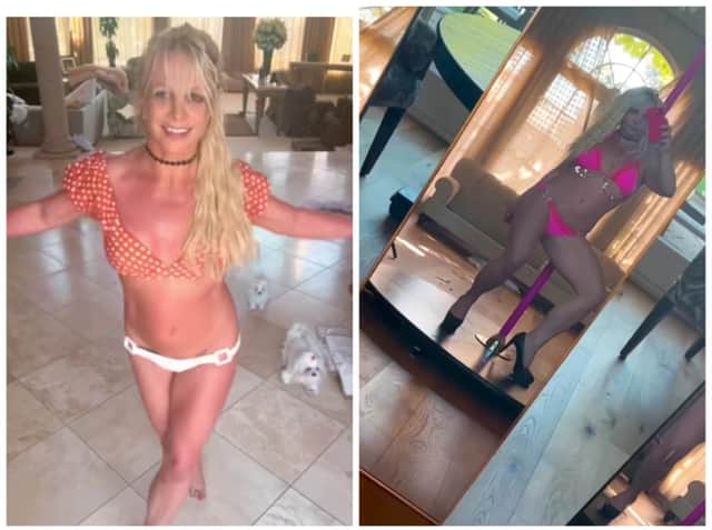Six of Britney Spears' shocking Instagram posts - including playing with knives (left) and pole dancing (right). Photos by Instagram/Britney Spears.