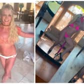 Six of Britney Spears' shocking Instagram posts - including playing with knives (left) and pole dancing (right). Photos by Instagram/Britney Spears.