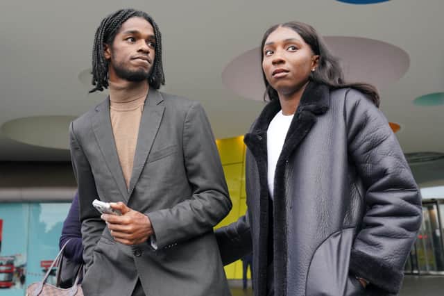 Athletes Bianca Williams and Ricardo Dos Santos speak to the media outside Palestra House, central London, after the judgement was given for the gross misconduct hearing of five Metropolitan Police officers over their stop and search. (Jonathan Brady/PA Wire)