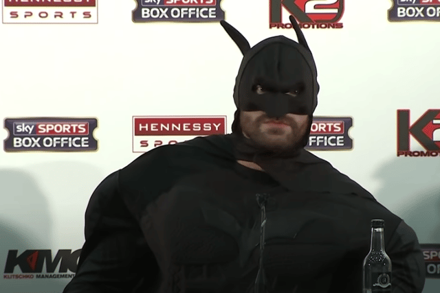 Tyson Fury dressed as batman for his pre-fight press conference with Wladimir Klitchsko in 2015. (YouTube)