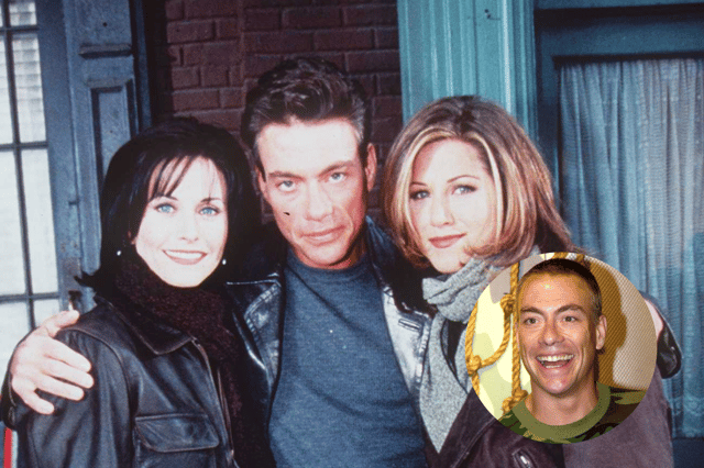 [L-R] Courtney Cox, Jean-Claude Van Damme and Jennifer Anniston on-set during the filming of Friends in 1996 (Credit: Gettys)