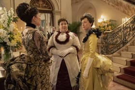 Donna Murphy as Mrs. Astor & Ashlie Atkinson as Mamie Fish & Carrie Coon as Bertha Russell in the Gilded Age season 2 (Photo: HBO)