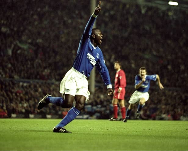 Kevin Campbell of Everton scores in the fourth minute of the Merseyside derby at Anfield in September 1999 - the only goal of the match Picture: Ben Radford /Allsport