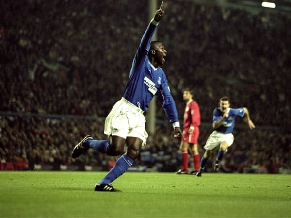 Kevin Campbell of Everton scores in the fourth minute of the Merseyside derby at Anfield in September 1999 - the only goal of the match Picture: Ben Radford /Allsport