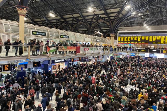 A group of pro-Palestinian activists have staged a sit-in at Liverpool Street station in London in protest at the Israel-Hamas conflict. (Picture by Sisters Uncut)