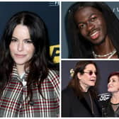 Actress Emily Hampshire (left) has apologised for her Halloween 2023 outfit, while Lil Nas X (top right) and Sharon and Ozzy Osbourne (bottom right) have raised eyebrows with theirs. Photos by Getty.