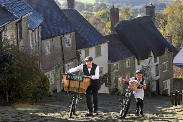 Carl Barlow  - the Hovis Boy on the Bike form the advert 50 years ago - was joned by Alex Freeman, 11,  on his most recent visit to Gold Hill (Hovis)