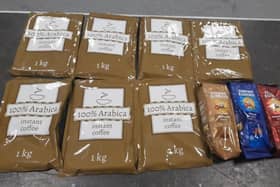 7kg of ketamine worth £200,000 was found hidden in packets of coffee ground after the shipment was intercepted by police at East Midlands Airport. (Credit: Nottinghamshire Police)
