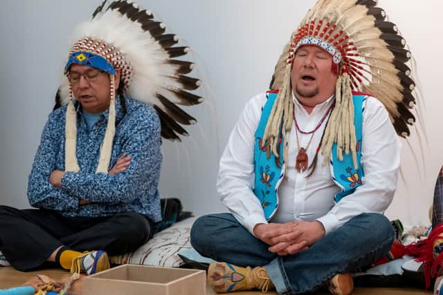 Members of the Siksika delegation during the pipe smoking handover ceremony at RAMM in May 2022