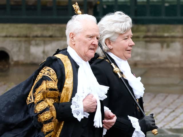 Black Rod arrives at Westminster Abbey in central London on May 6, 2023, ahead of the coronations of Britain's King Charles III and Britain's Camilla, Queen Consort. (Credit: AFP via Getty Images)