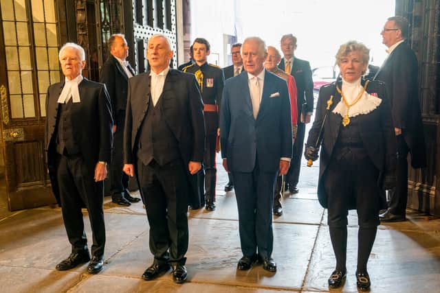 King Charles III (2ndR),  Speaker of House of Lords Lord Mcfaull of Alcluith (L), Speaker of the House of Commons Lindsay Hoyle (2ndL) and and Black Rod (R) attend Westminster Hall Reception at Westminster Hall on May 2, 2023 in London, England. (Credit: Getty)