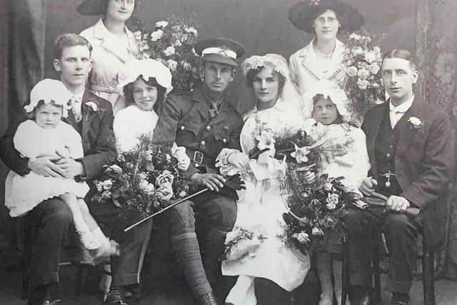 Herbert Alfred Disney, 2nd Lieutenant, of the Machine Gun Corps, with wife Annie and family on his wedding day