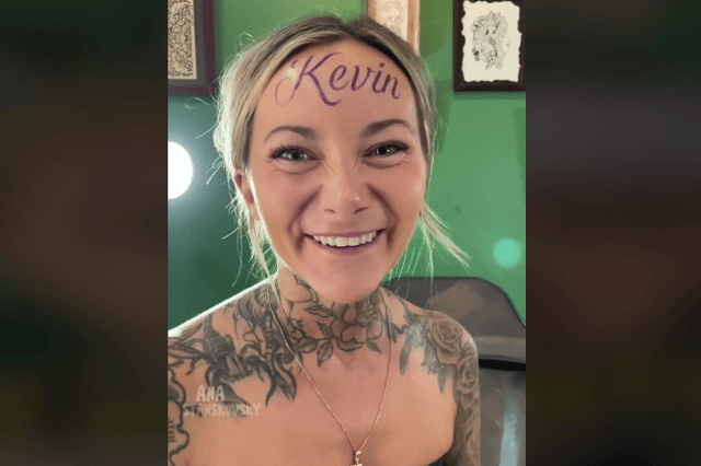 Influencer Ana Stanskovsky went viral on TikTok after she uploaded a video which appeared to show she had tattooed her boyfriend's name across her forehead. Photo by TikTok/Ana Stanskovsky.