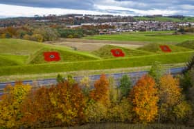 Eye-catching trio of 30ft-wide poppies are painted onto grass pyramids alongside the M8 motorway in West Lothian (SWNS)