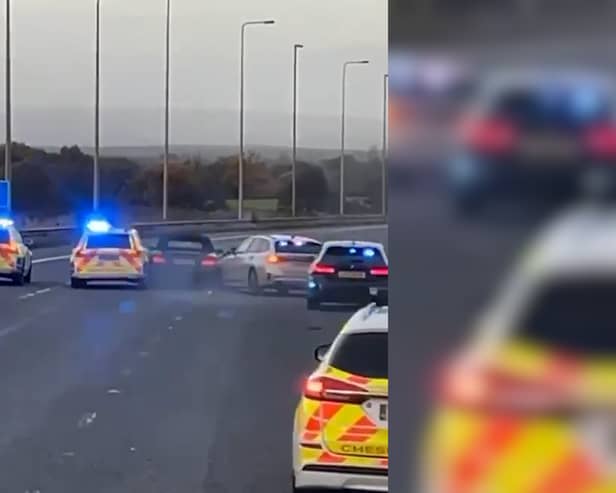 Dramatic footage shows police ramming a BMW in the middle of the M6.
Several marked and unmarked police cars were seen surrounding the vehicle and colliding with it.
The video was filmed by Chris Gibney, 32.
The black BMW was stopped at around 3:30 near Stretton and fled police onto the M56 and then the M6.