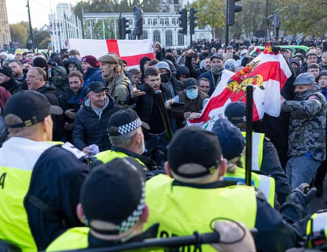 Counter-protesters clash with police in Parliament Square in central London, during pro-Palestinian protest march. Picture: Jeff Moore/PA Wire