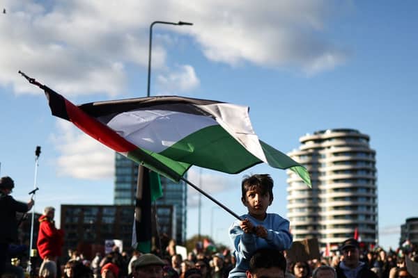A child waves a Palestinian flag as he sits on the shoulder of a man during the 'National March For Palestine' (Photo: Photo by HENRY NICHOLLS/AFP via Getty Images)