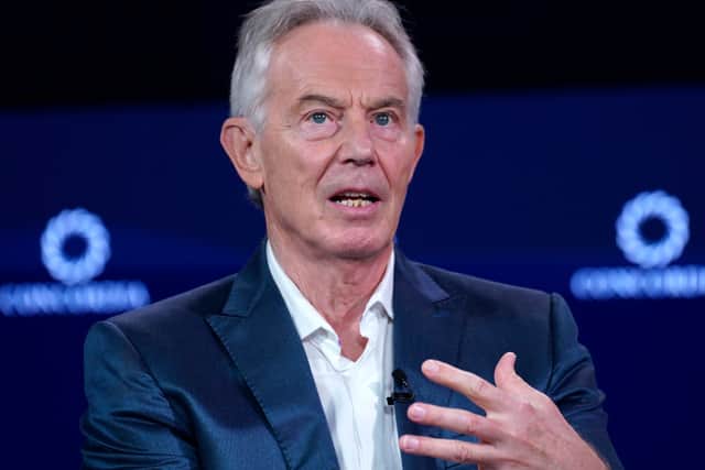 Tony Blair speaks onstage during the 2023 Concordia Annual Summit at Sheraton New York on September 19, 2023
