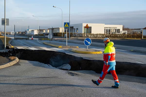 Local residents and reporters have taken to social media sites such as TikTok, Youtube and Instagram, to share their experiences of being in Grindavik, Iceland, as the fishing town experienced multiple earthquakes and the threat of a volcanic eruption. Image by Getty shows a huge crack in a road in Grindavik caused by an earthquake.