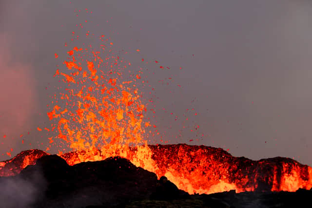 Flowing lava during an volcanic eruption near Litli Hrutur, south-west of Reykjavik in Iceland on July 10, 2023. (Credit: AFP via Getty Images)